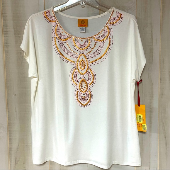 Ruby Rd. Tops - NWT Ruby Rd White With Bronze Sequin Front Short Sleeve Tee Sz L